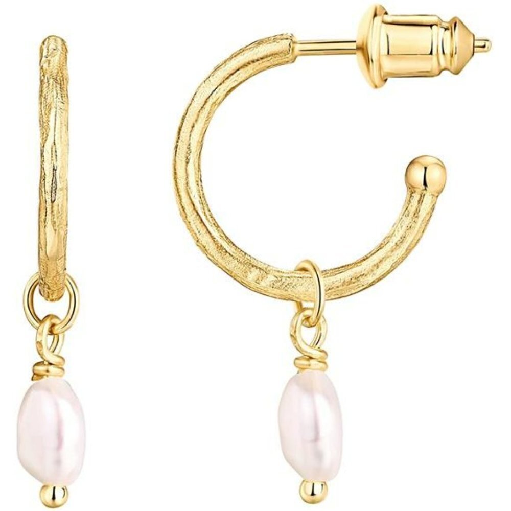 14K Gold Plated 925 Sterling Silver Huggie  Dangle Baroque Pearl Hoop Earrings